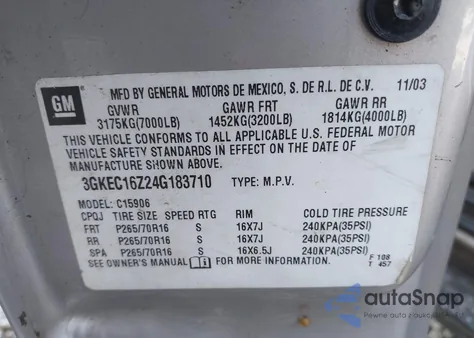 2004 GMC Yukon Xl 1500 Slt from USA, damaged, VIN 3GKEC16Z24G183710